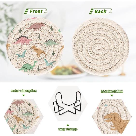 Dinosaur Cotton Cup Coasters with Holder Absorbent Drink Coasters Set for CoffeeTabletop Protection Housewarming Gift Home Decor 6 Pcs