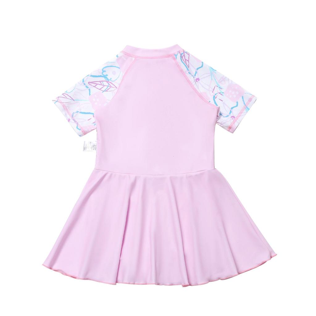 Girls' Rouge Pink Princess One-Piece Skirted Swimsuit - Quick-Dry, Sun Protection, Medium & Large Sizes