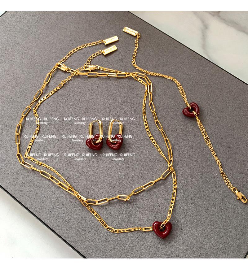 Set colier cu inimă galvanizată cu aur și cercei Love pentru femei - Design elegant cu glazură roșie, lanț pentru claviculă de calitate superioară