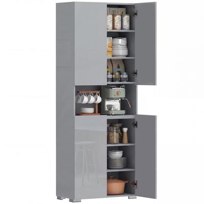 Meuble de cuisine haut de 180 cm, Armoire de rangement pour garde-manger avec portes à fermeture douce et étagères réglables, Gris haute brillance