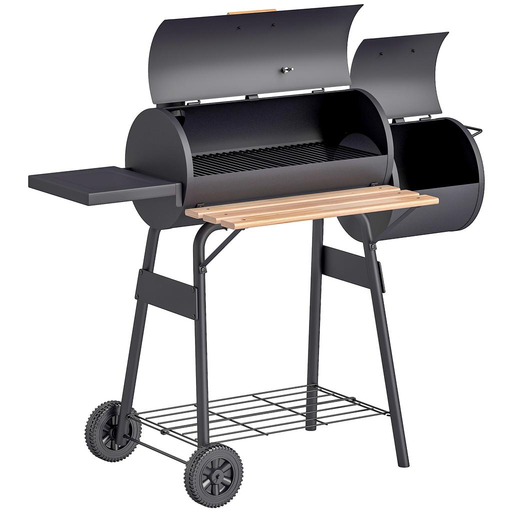 Portable Charcoal BBQ Grill, Cold-rolled Steel, Solid Wood, 104H X 124L x53W cm-Black