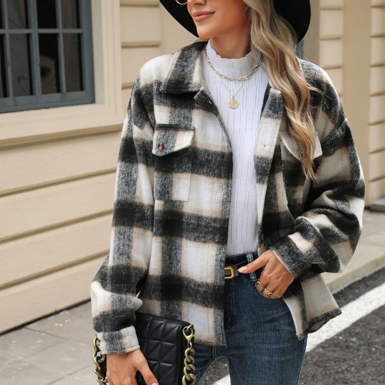 

Женская свободная повседневная клетчатая шерстяная куртка с длинными рукавами и лацканами, модная куртка S хаки