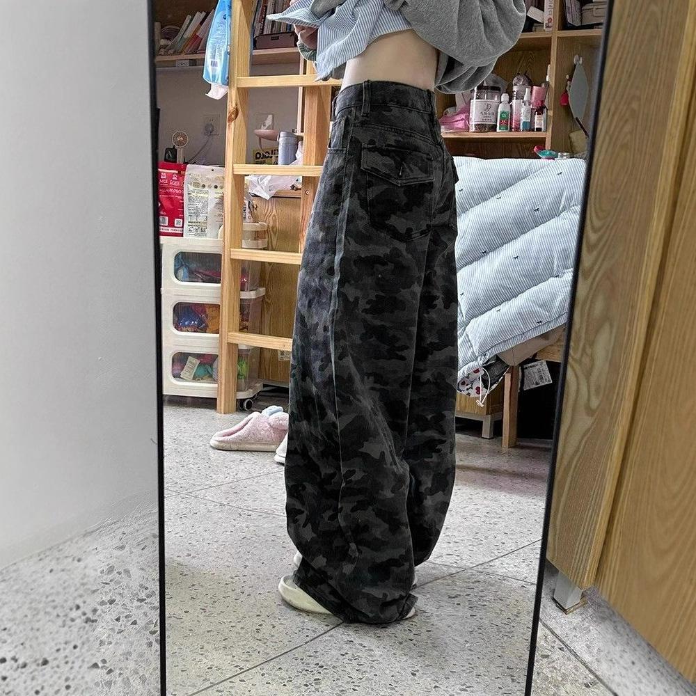 Comfortable Work Camouflage Wide-legged Jeans Female Autumn Loose Straight High-waisted Thin Trailing Trousers Jeans for Women Long Denim Pants