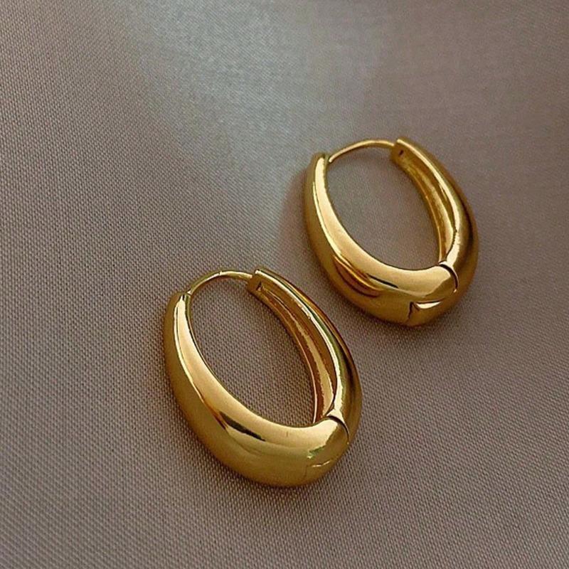 1pair Simple TearDrop Hoop Earrings, Chunky Gold Tone Water Droplet Earrings, U-Shaped Earrings, Oval Hoop Earrings Perfect Gift for Her