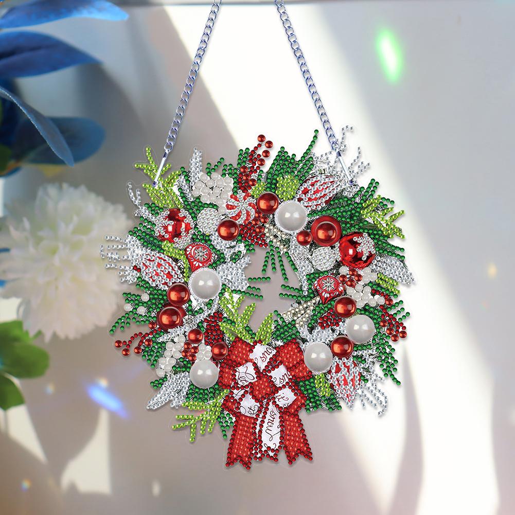 5D DIY Diamond Painting Wreath Ornament Single Sided Christmas Special Shaped Crystal Wreath Kit for Home Window Door Decor Gift