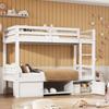 Etagenbett für Kinder, Kinderbett mit Schuhregalen und Schließfächern, Bett teilbar in 2 Einzelbetten, Jugendbett, Einzelbett, Weiß, 90x200cm.