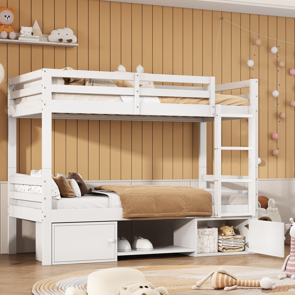 Etagenbett für Kinder, Kinderbett mit Schuhregalen und Schließfächern, Bett teilbar in 2 Einzelbetten, Jugendbett, Einzelbett, Weiß, 90x200cm.