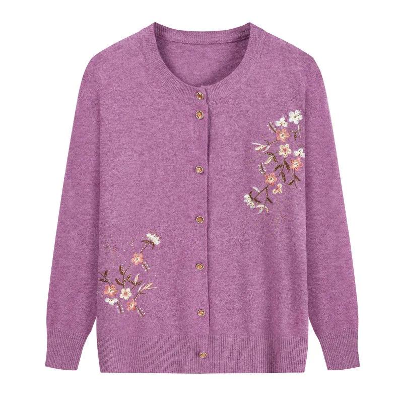Grandma's Spring Autumn Flower Printing Knitwears Middle-Aged Mother Cardigan Embroidered Knitting Top for Women