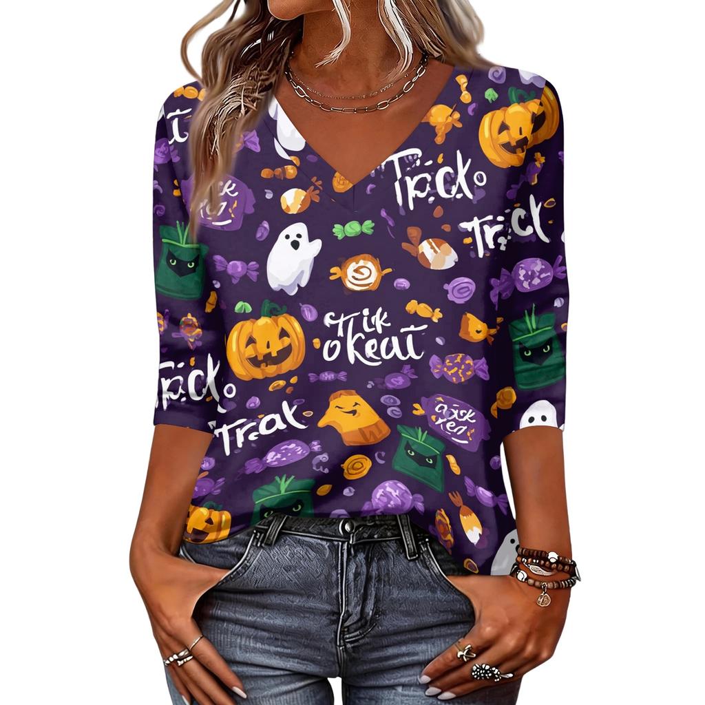 Women's Fashion Casual Halloween Print V-Neck Three-Quarter Sleeve Top