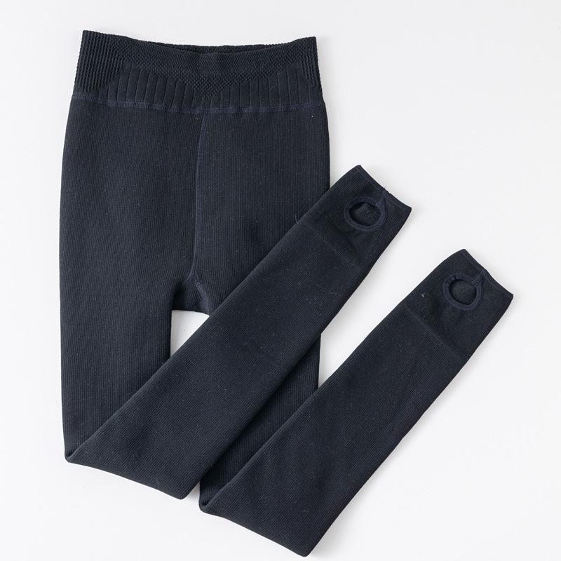 Women's Autumn/Winter Vertical Stripe Black & Gray Fleece-Lined Slimming Tights