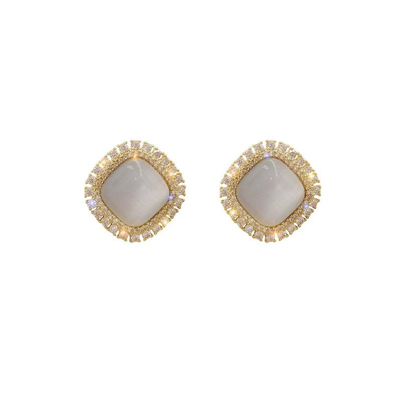 Korean light luxury high-end small fragrant wind stud earrings women's fashion square opal earrings mosquito coil disc earclips without earholes