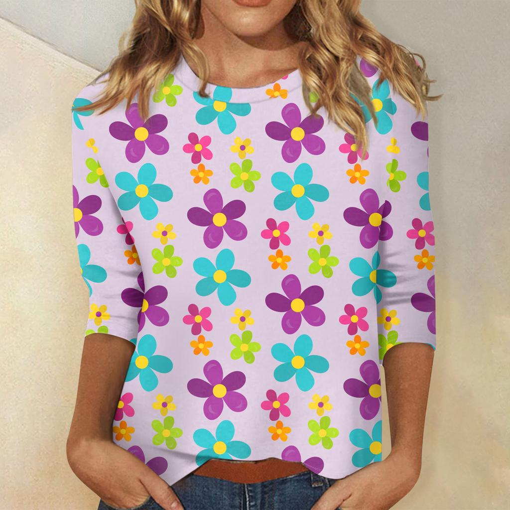 Damska koszula wielkanocna z rękawem 3/4, okrągły dekolt, luźny krój, codzienna koszula