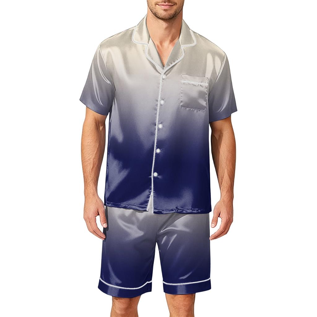 Men Satin Short Sleeve Pajama Set Two Piece Sleepwear with Pocket Button Down Shirt and Shorts Comfortable Nightwear