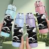 1PC Black White Ocean Wave Art Print 750ml Color Plastic Sports Water Bottle Leakproof Flip Straw Lid Suitable for Sports Office Home Use