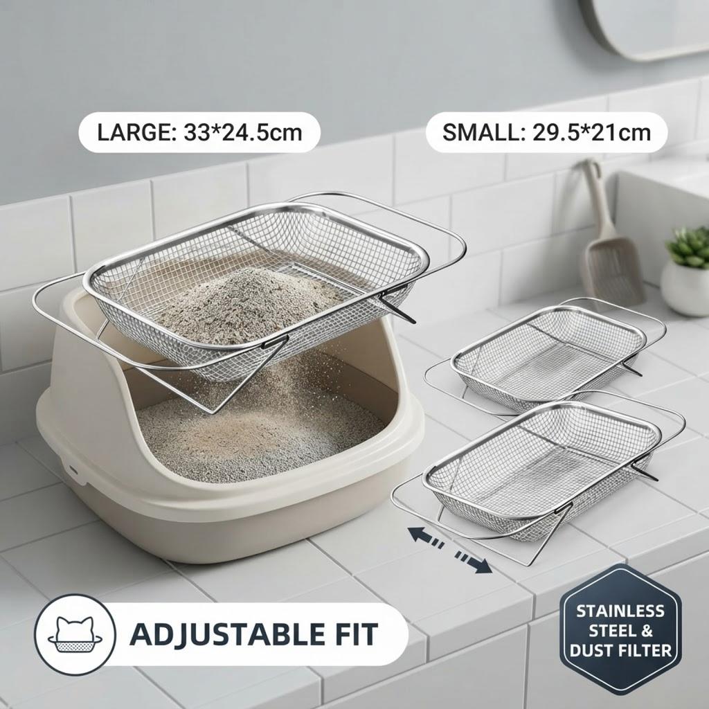 Litter Sifter and Stainless Steel Litter Scooper Fine Mesh Sifting Tool Pet Supplies for Big Adult Cats and Owner