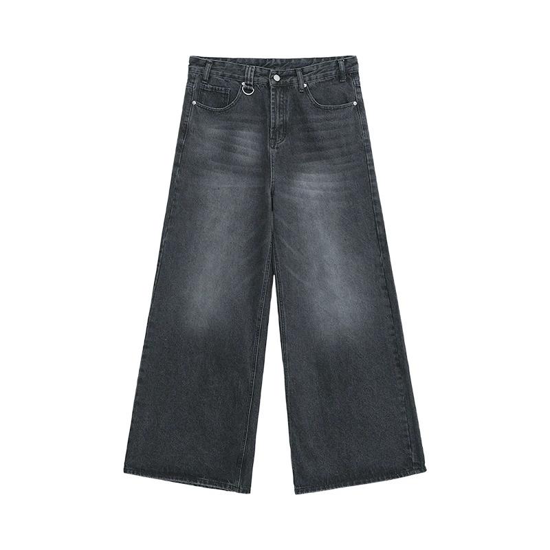 Unisex Four Season Vintage Hong Kong Style Distressed Loose Wide Leg Mop Jeans