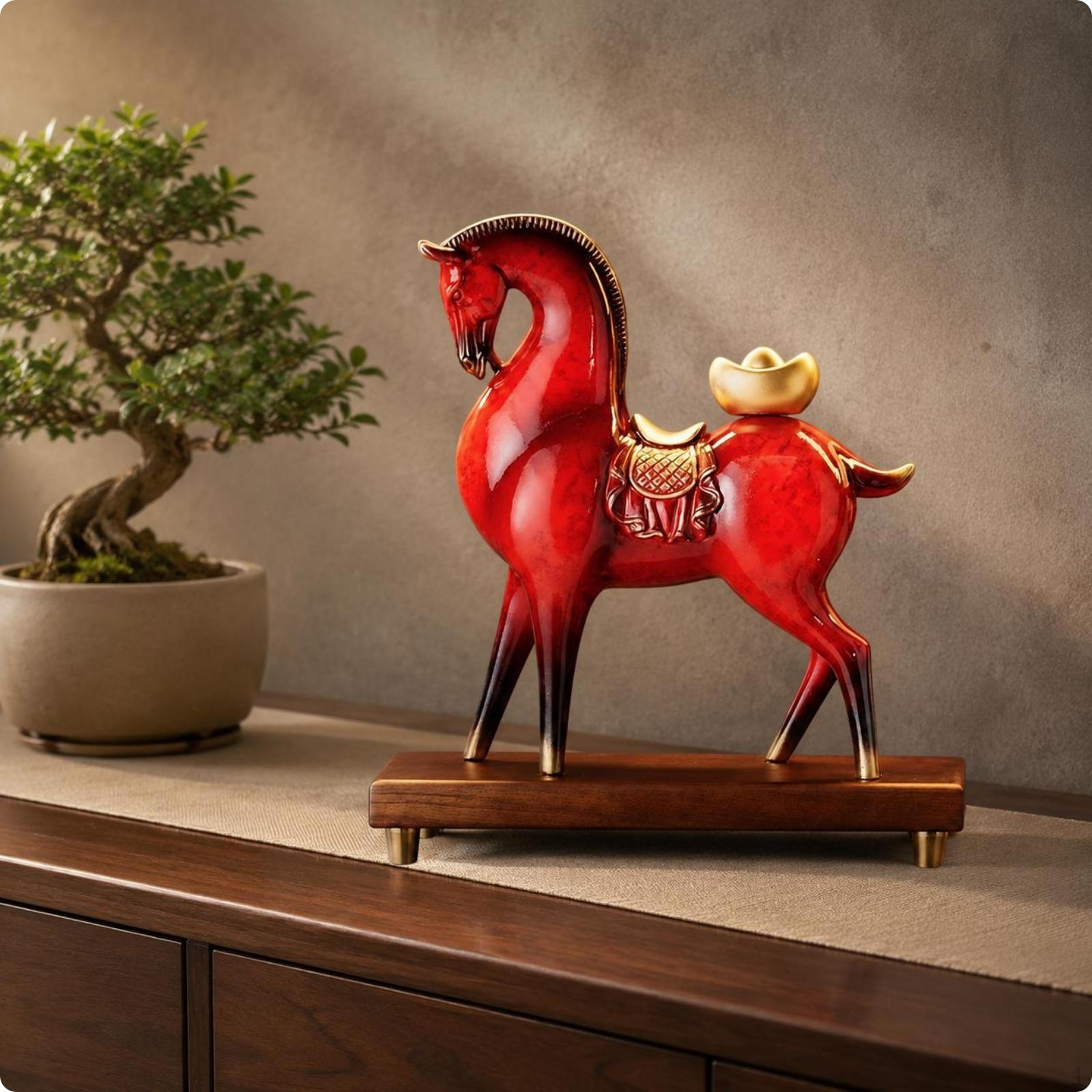 Horse Statue Chinese Figurine Wealth Symbol Decor Decoration for Living Room, Office, Gradient Red