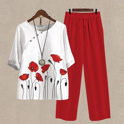 Sommer-Top-Hosenanzug, stilvoll, weites Bein, atmungsaktiv, T-Shirt-Hosen-Set, Blumendruck, T-Shirt-Hosen-Set, Sommer-Top-Hosenanzug, Damenkleidung