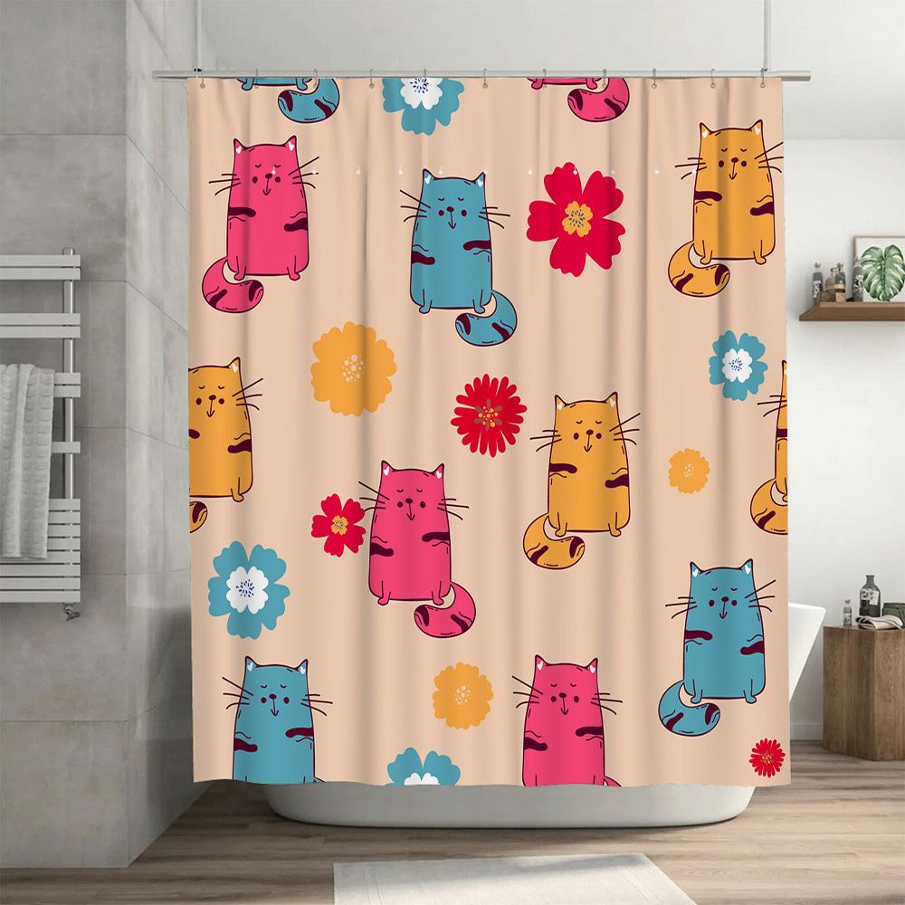 Creative Bath Shower Curtain Featuring Colorful Cartoon Cats Design for Home Bathroom Decor