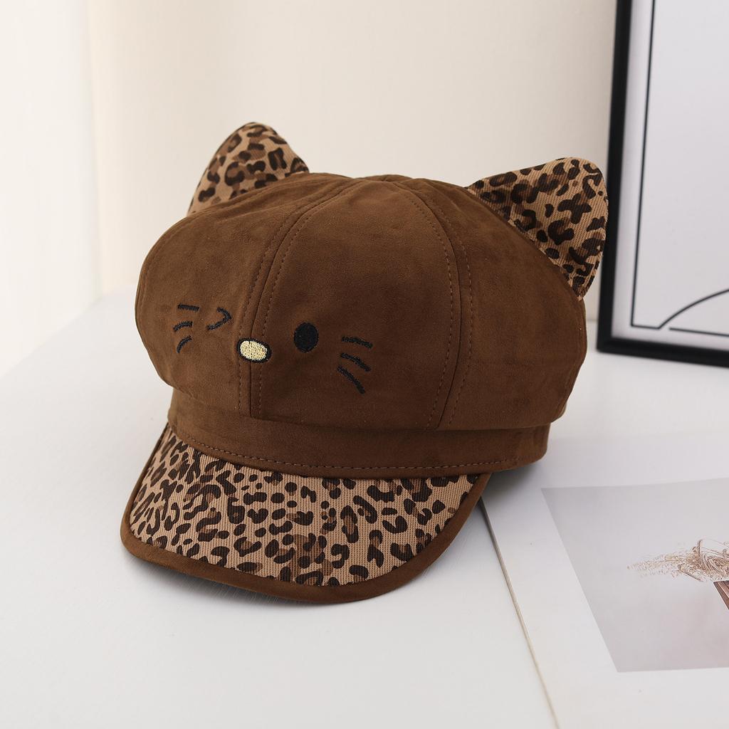 Cute Leopard Print Ears Octagonal Hat For Large Head Size Spring Autumn