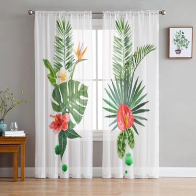 Cortina de janela de tule com plantas tropicais em aquarela para sala de estar, cortina transparente de voile para decoração de quarto e cozinha