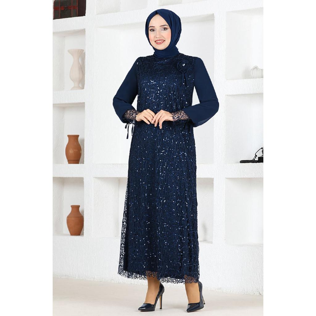 Women's Clothing Evening Dress Fashion Mesh Sequined Rose Hijab Evening Dress 2517 Navy Blue