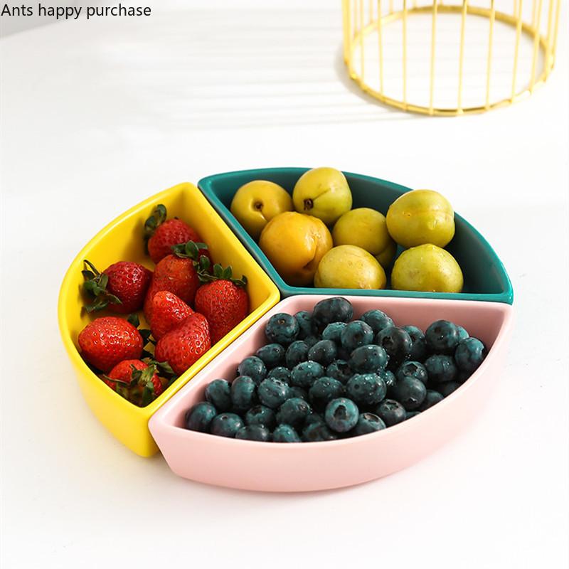 Ceramics Tall Feet Fruit Plate Iron Art Fruit Basket Three Grid Snack Platter Home Candy Plate Snack Tray Decoration Tableware