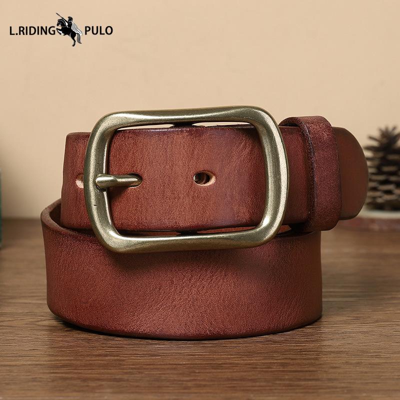 Retro Versatile Pleated Copper Buckle Belt Men's Genuine Leather Trend Pin Buckle Pure Leather Pants Belt