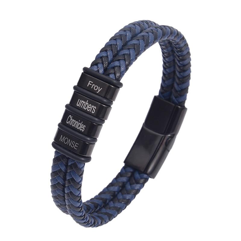 Double-layer Leather, Stainless Steel Magnetic Snap Fastener, Black Steel Color Engraved Bracelet 7.5inch синий