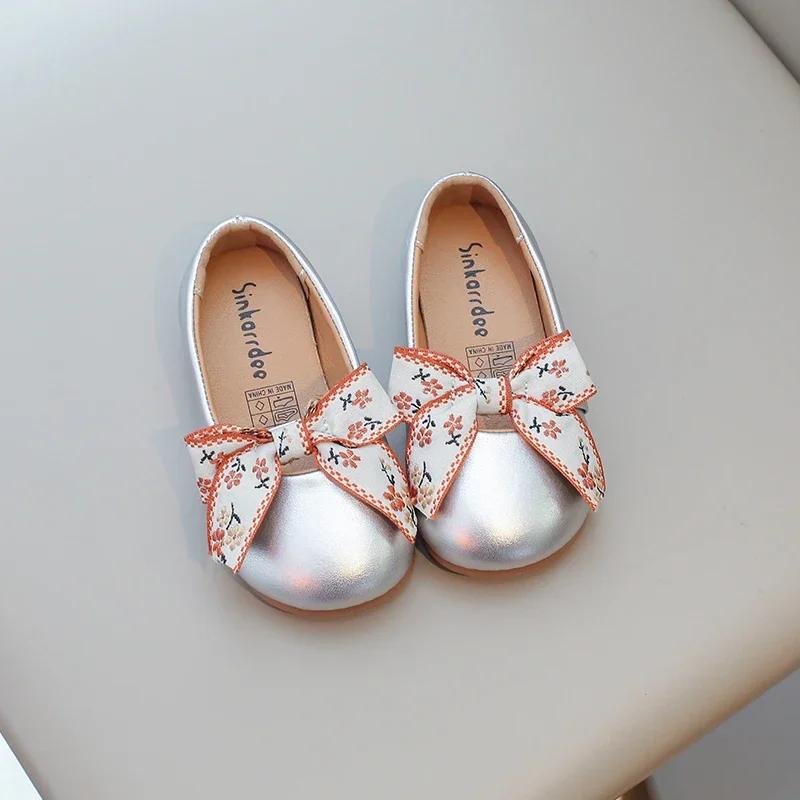 Girls Leather Shoes Soft PU Leather Kids Flats Slip-on Loafers with Ribbon Bow-knot Princess Sweet Simple Classic Size 21-34 New