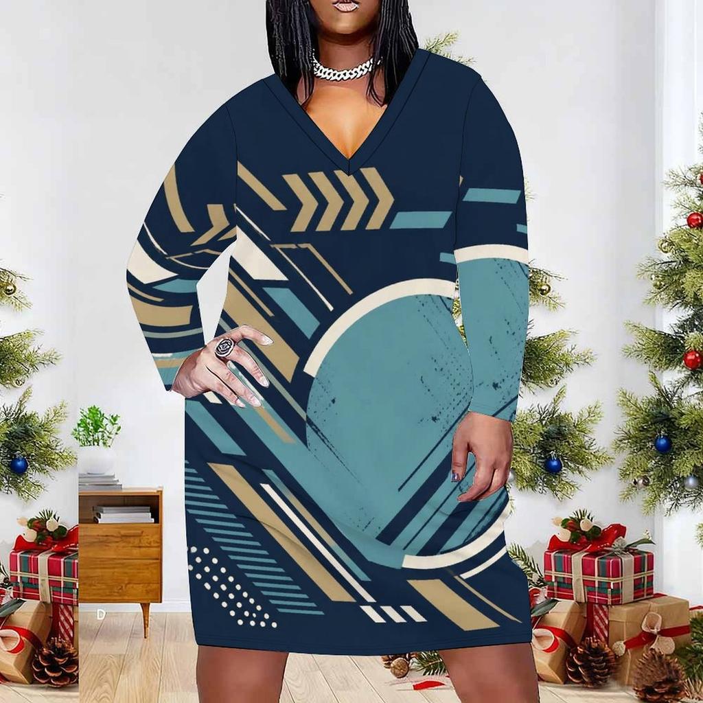 Women Plus Size V Neck Long Sleeve Printed Fitted Straight Dress