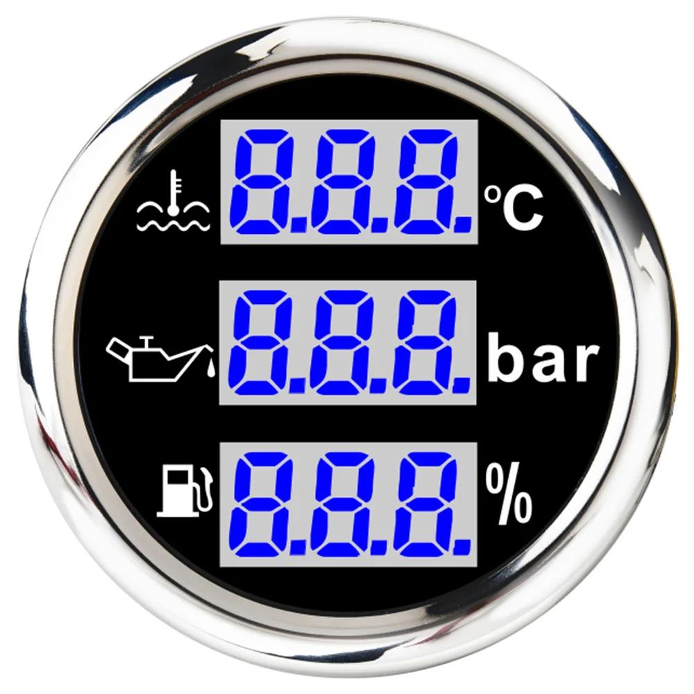 52mm 3in1 Water Temp Gauge Fuel Level Voltmeter Water Level Holding Tank Level Meter with Blue Backlight for Car Boats 12V 24V CX6073-BLUE