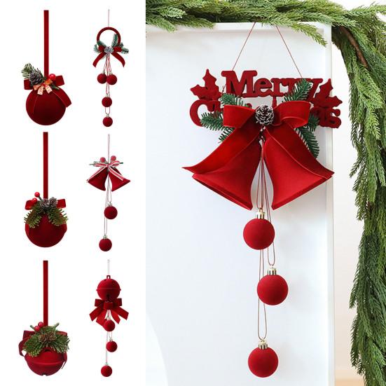 Christmas Red Bell Ornament Plastic Velvet Flocked Bell Ball Tree Ornament for Holiday Window Shop Home Decoration