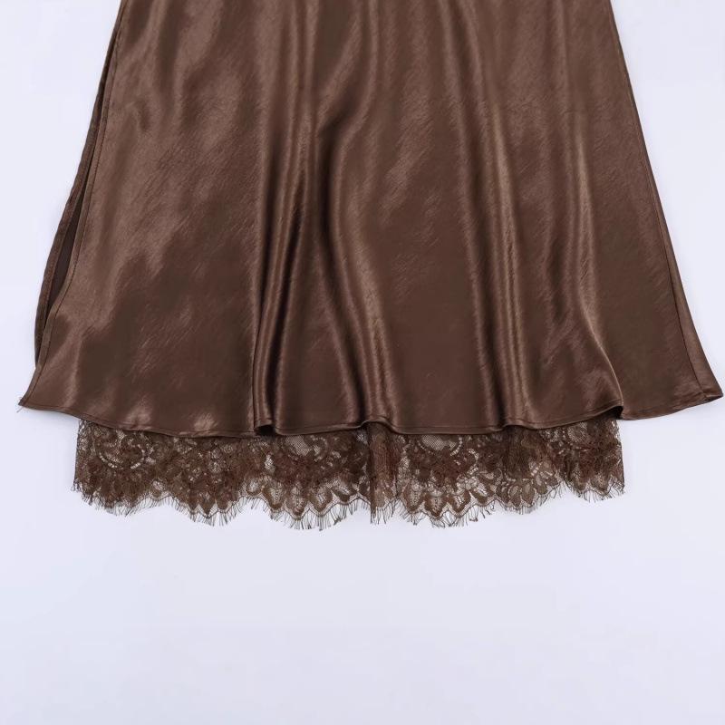 2026 European American Satin Lace Patchwork Slit Skirt