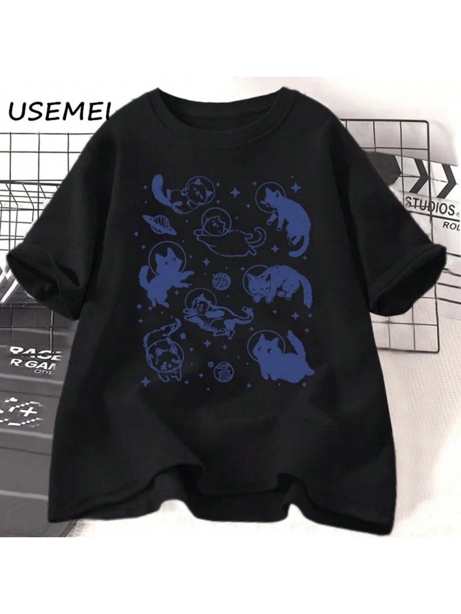Cats In Space T Shirt Funny Cute Cat Tshirt Women Men Oversized T-Shirt Aesthetic Graphic Retro Tshirt Women s Clothing Tops S разноцветный