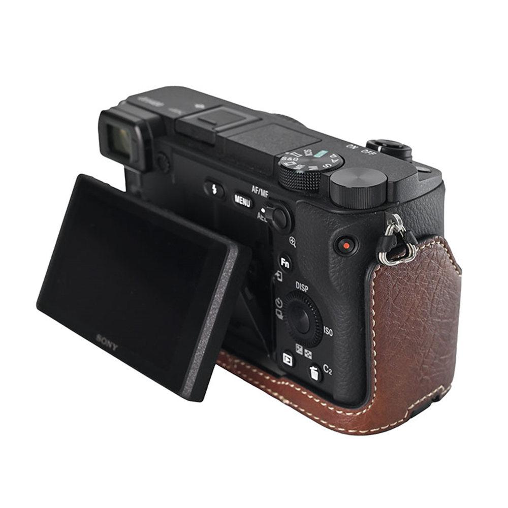Litchi Magnetic PU Leather Camera Half Case For Sony A6300 A6400 A6000 A6100 Bottom Opening Cover