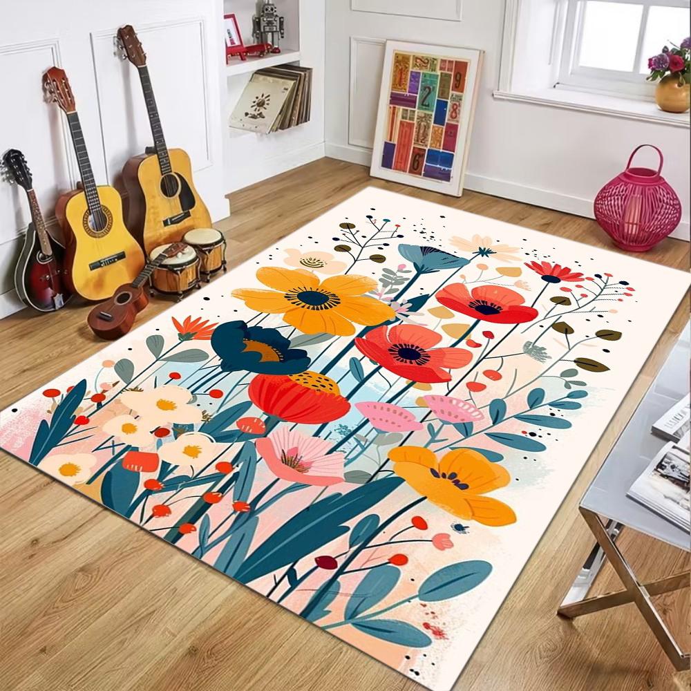 Modern Botanical Floral Area Rug Non-Slip Soft Durable Washable Floor Mat Decor Carpet for Living Room Bedroom Home Decor