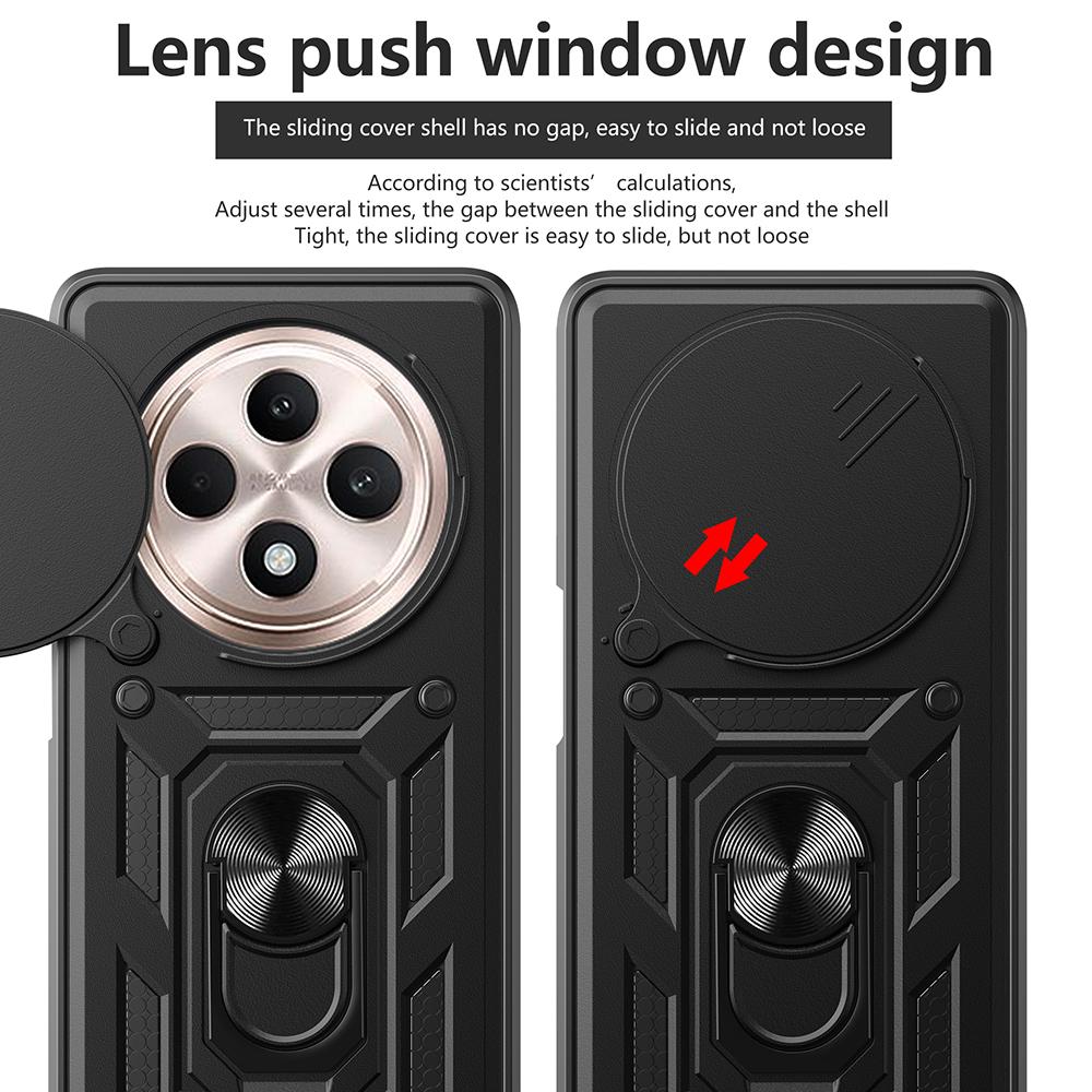 For Oppo Reno12 F 5G Case with Slide Camera Lid PC+TPU Kickstand Phone Cover