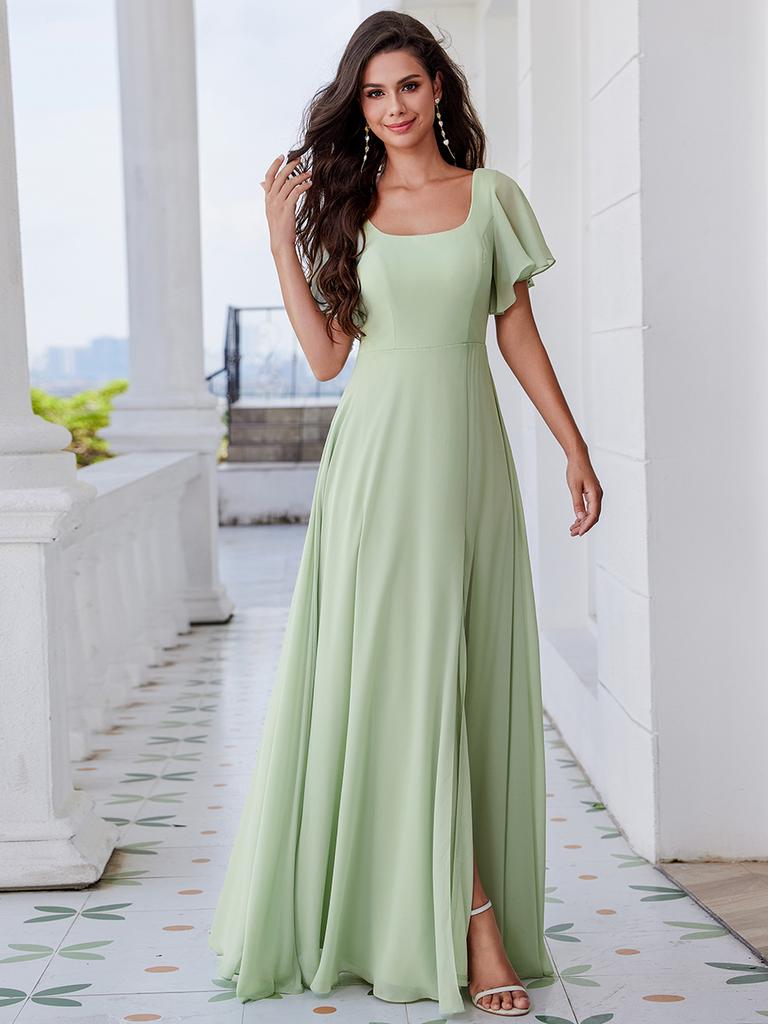 Ever-Pretty Women's U-Neck Backless Frenulum Knotting Short Sleeves High Slit A-Line Bridesmaid Dress Chiffon Evening Dresses
