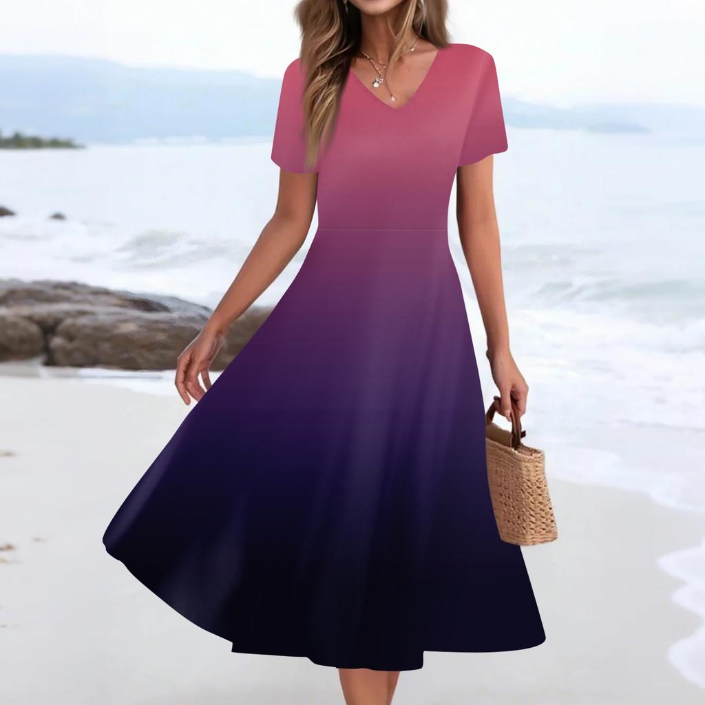 Damen Sommer Freizeitmode Druck Tasche Kurzarm V-Ausschnitt Schwingkleid