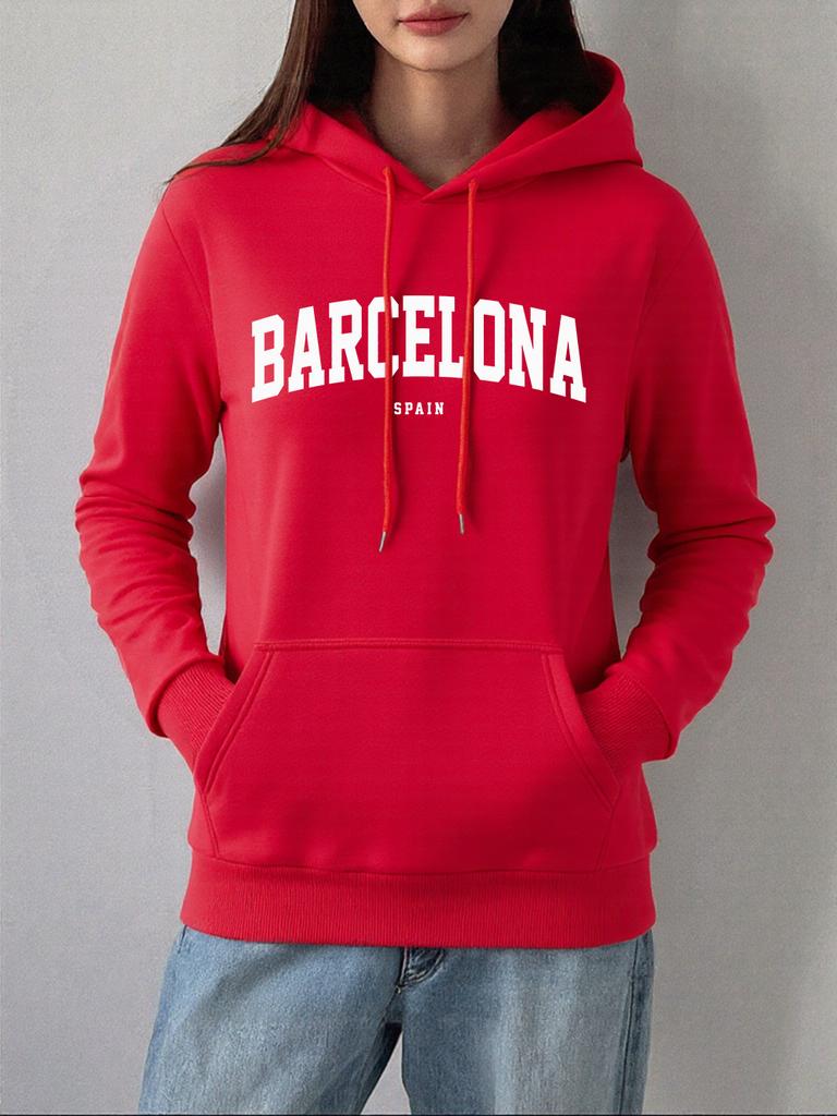 Barcelona Spain Printed Hoodies Women Winter Fleece Warm Sweatshirts Comfortable Casual Pullover Basics Pocket Woman Clothes