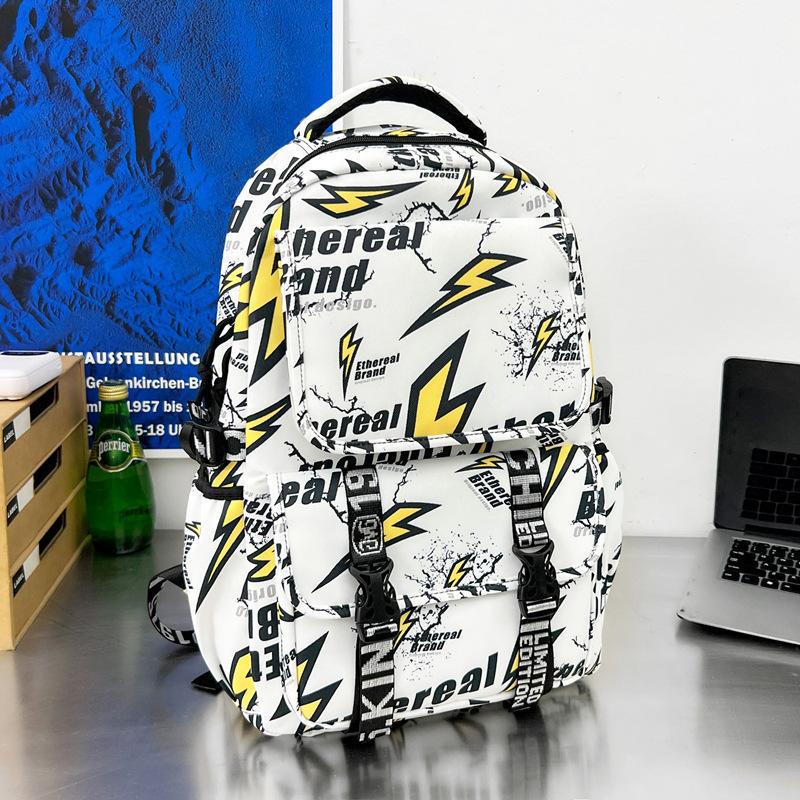 Schoolbag Japanese ins Street Lightning Personality Graffiti Backpack Trendy Cool Handsome Teen Boys Strong Durable Backpack