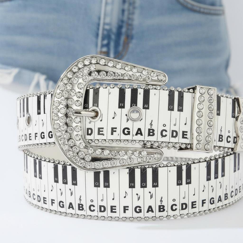 Women Belt Y2K Rhinestone Piano Buckle Metal