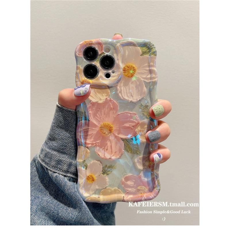 

Роскошный художественный чехол для телефона с масляной живописью и цветами для iPhone 11/14/15ProMax/16Pro, силиконовый, с синим свечением, женская версия iPhone 14 Pro