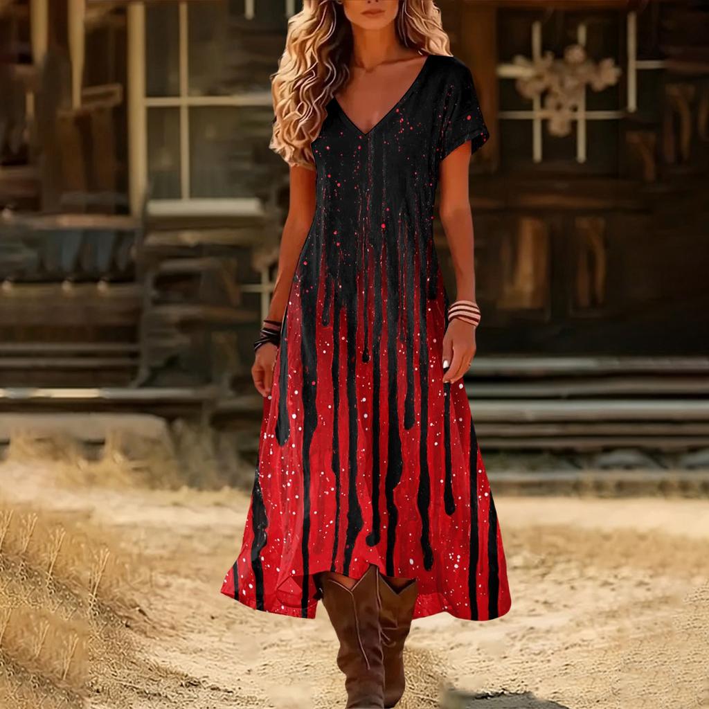 Womens V Neck Short Sleeve Midi Dress Halloween Pumpkin Print Vintage Style Casual Beach Wear Split Hem Summer Dress