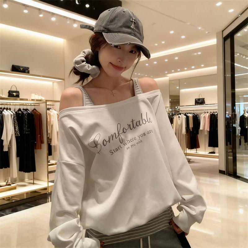 Ретро Дерзкая Девушка Укороченный Двухсекционный Вид в Полоску Склонный Вырез Свободная Толстовка с Длинным Рукавом для Женщин Large белый