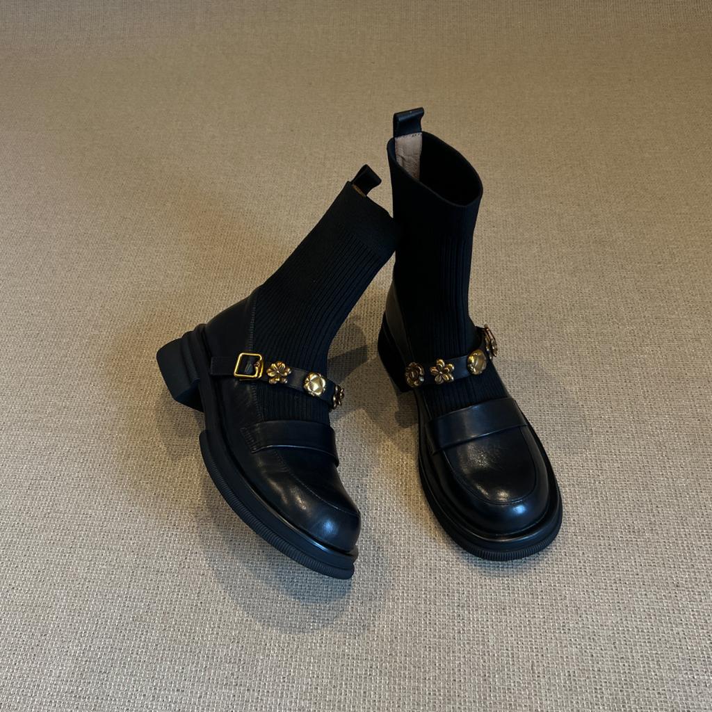 Thick-soled Metal Buckle Elastic Short Boots Retro College Style Knitted Thin Boots Women's Versatile Loafers Boots