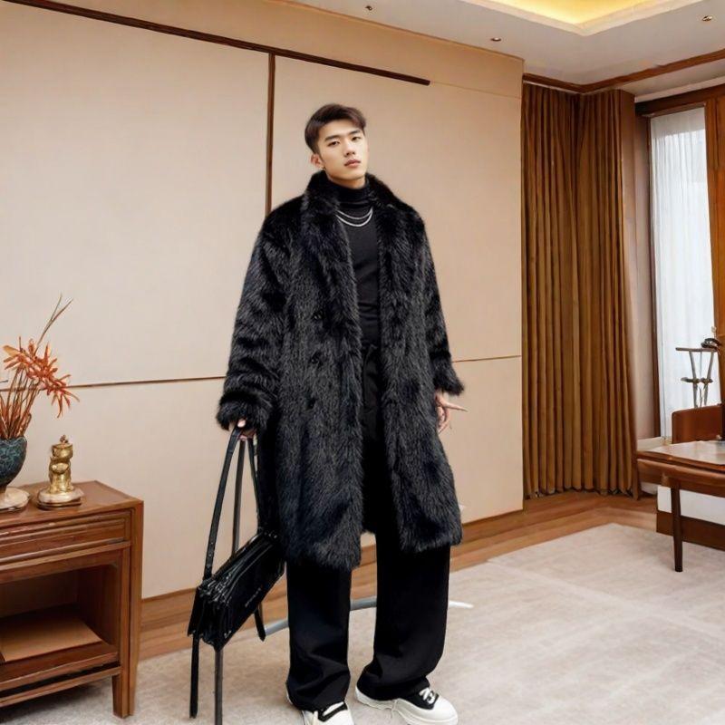 

Мужская норковая экологичная шуба оригинального дизайна средней длины, мужская зимняя шуба из лисьего меха с густым мехом XXXL чёрный