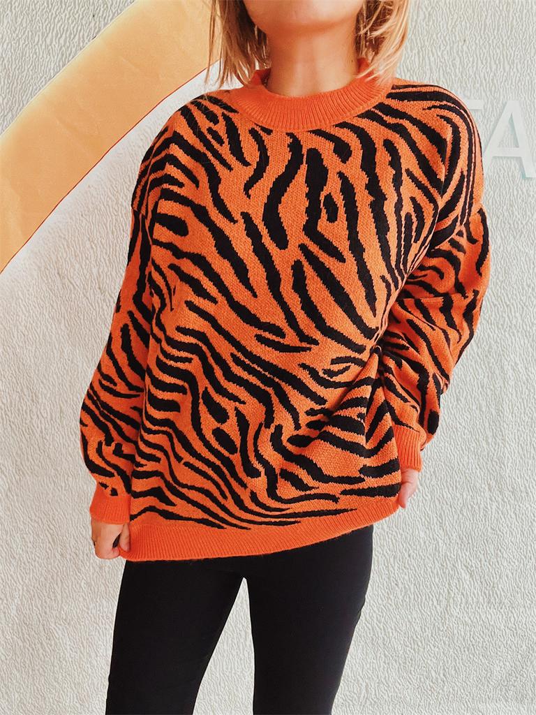 Women's new autumn and winter commuting knitted zebra print contrasting pullover sweater KTB