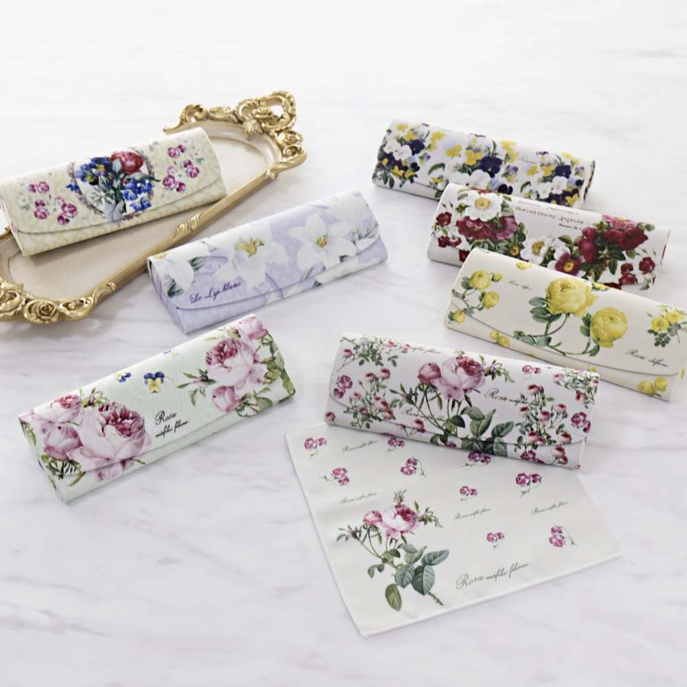 Rose Eyeglass Case with Red Ranunculus Bouquet Design and Made in Hard Case Redouté Cloth, Japan,